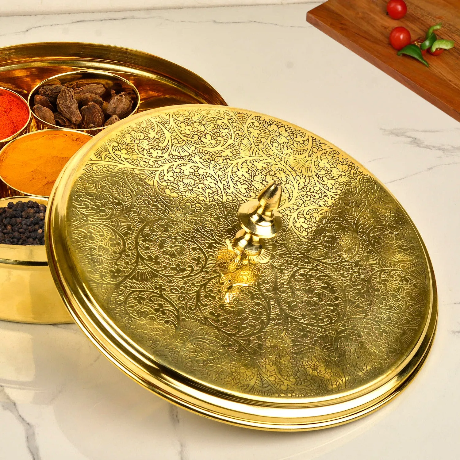 Premium Pure Brass Floral Etched Indian Spice Box for Kitchen with Spoon ( 7 Containers, Diameter - 8 inches , Weight - 960 gm)