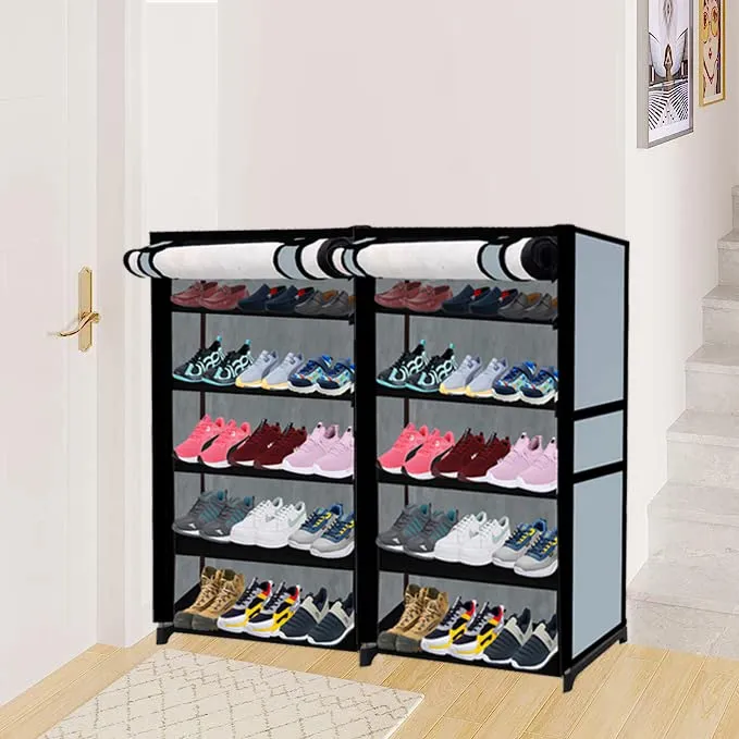 RAXON WORLD Multipurpose 10 Shelves Shoe Rack with Zip Door Cover & Side Pockets, Multiuse Storage Rack For Footwear, Toys, Colthes With Dustproof Cover (10 Shelves, Metal)