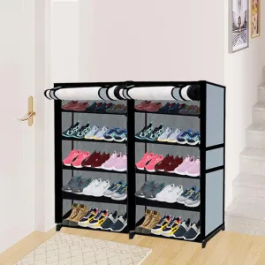 RAXON WORLD Multipurpose 10 Shelves Shoe Rack with Zip Door Cover & Side Pockets, Multiuse Storage Rack For Footwear, Toys, Colthes With Dustproof Cover (10 Shelves, Metal)