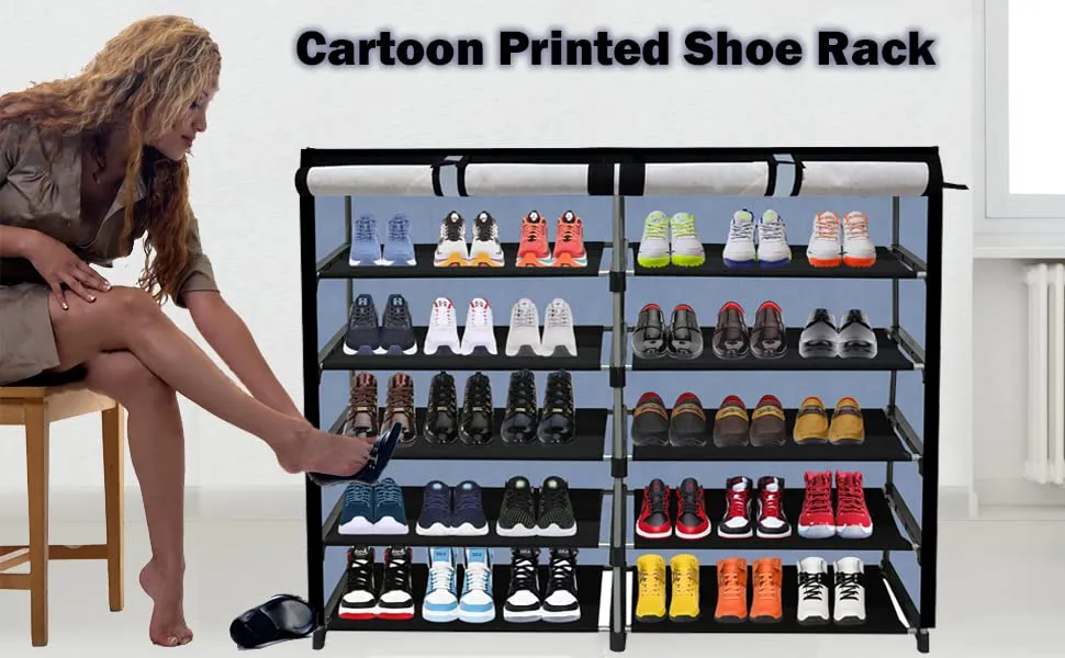 RAXON WORLD Multipurpose 10 Shelves Shoe Rack with Zip Door Cover & Side Pockets, Multiuse Storage Rack For Footwear, Toys, Colthes With Dustproof Cover (10 Shelves, Metal)