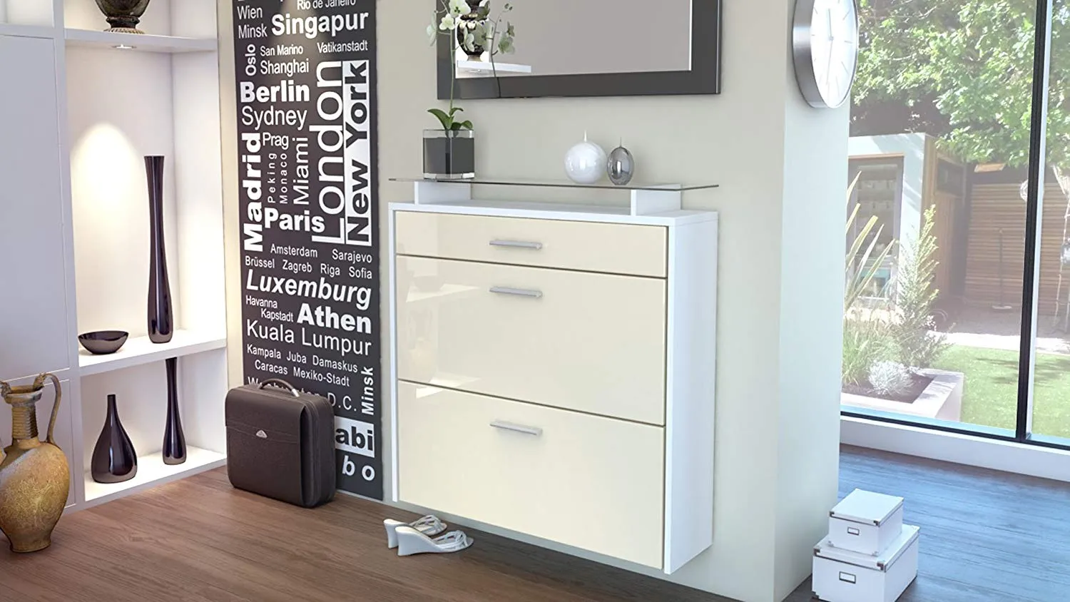 Shoe Cabinet  "Malea" in White Matt / Different Front Colors - Wall Mounted