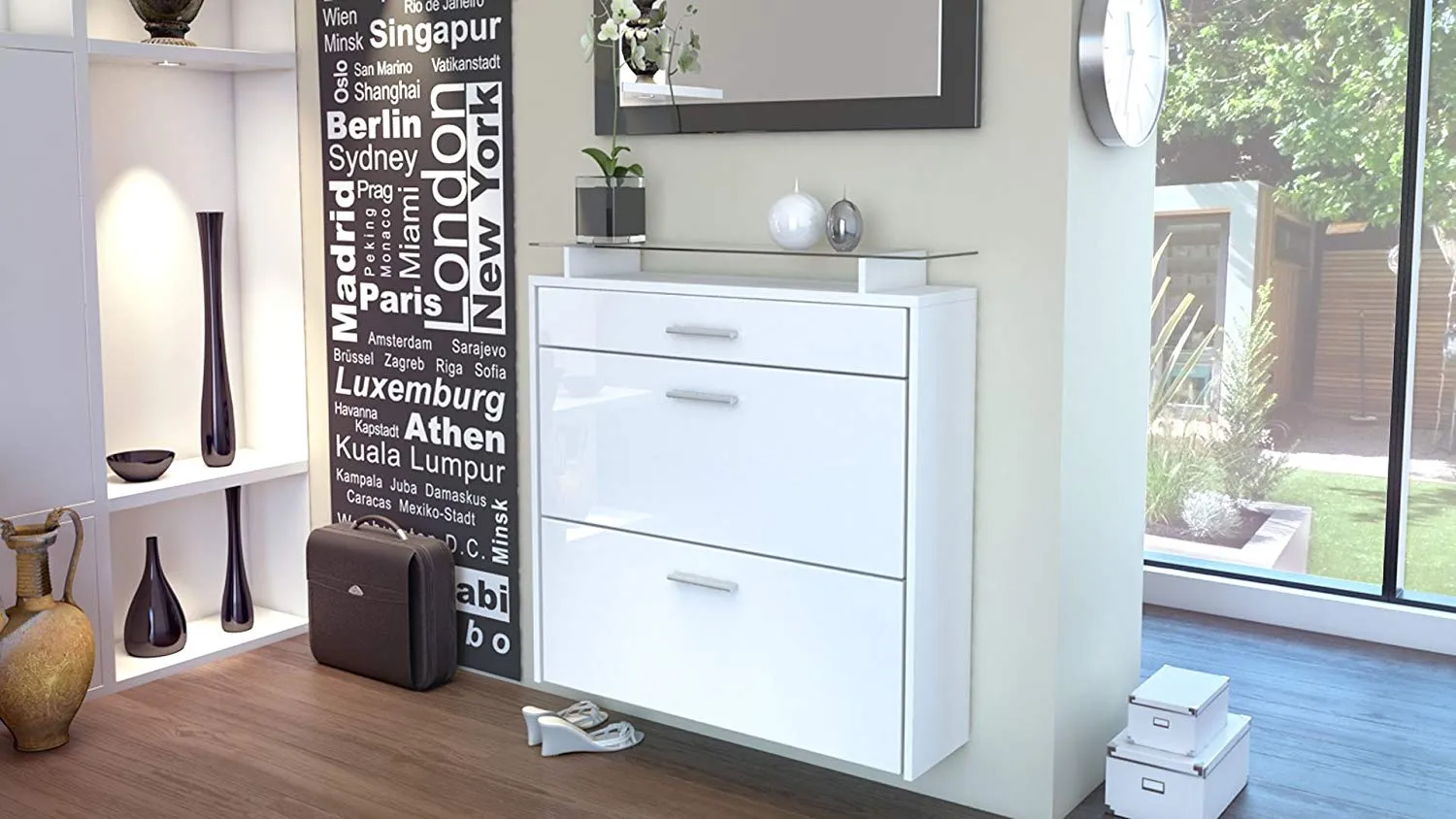 Shoe Cabinet  "Malea" in White Matt / Different Front Colors - Wall Mounted