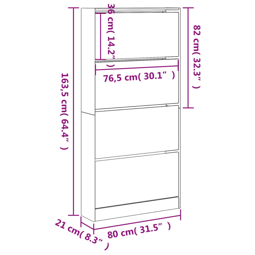 Shoe Cabinet with 4 Flip-Drawers White 80x21x163.5 cm