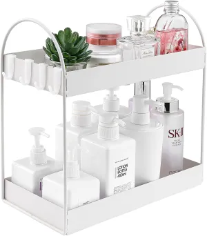 SKY MORE Metal Standing Rack Bathroom Countertop Organizer Vanity Tray Cosmetic Makeup Storage Kitchen Spice Rack Standing Shelf (White)- 2-Tier, Tiered Shelf