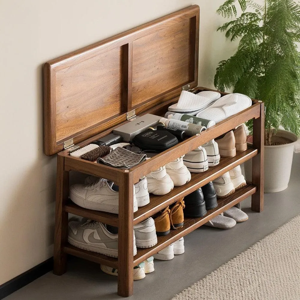 Solid Wood Entrance Shoe Bench Multi-Layer Storage Shoe Rack