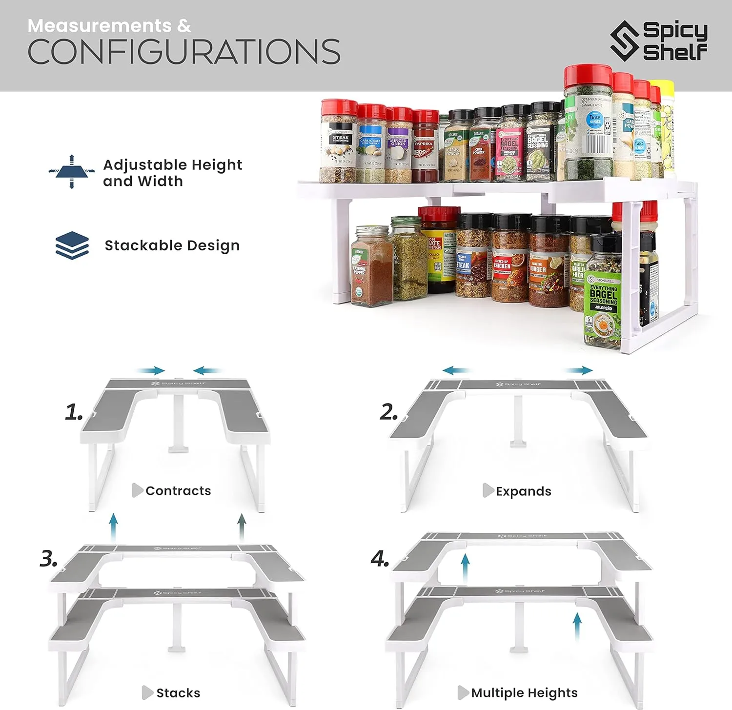 Spice Rack Adjustable and Stackable Cabinet & Pantry Organizer