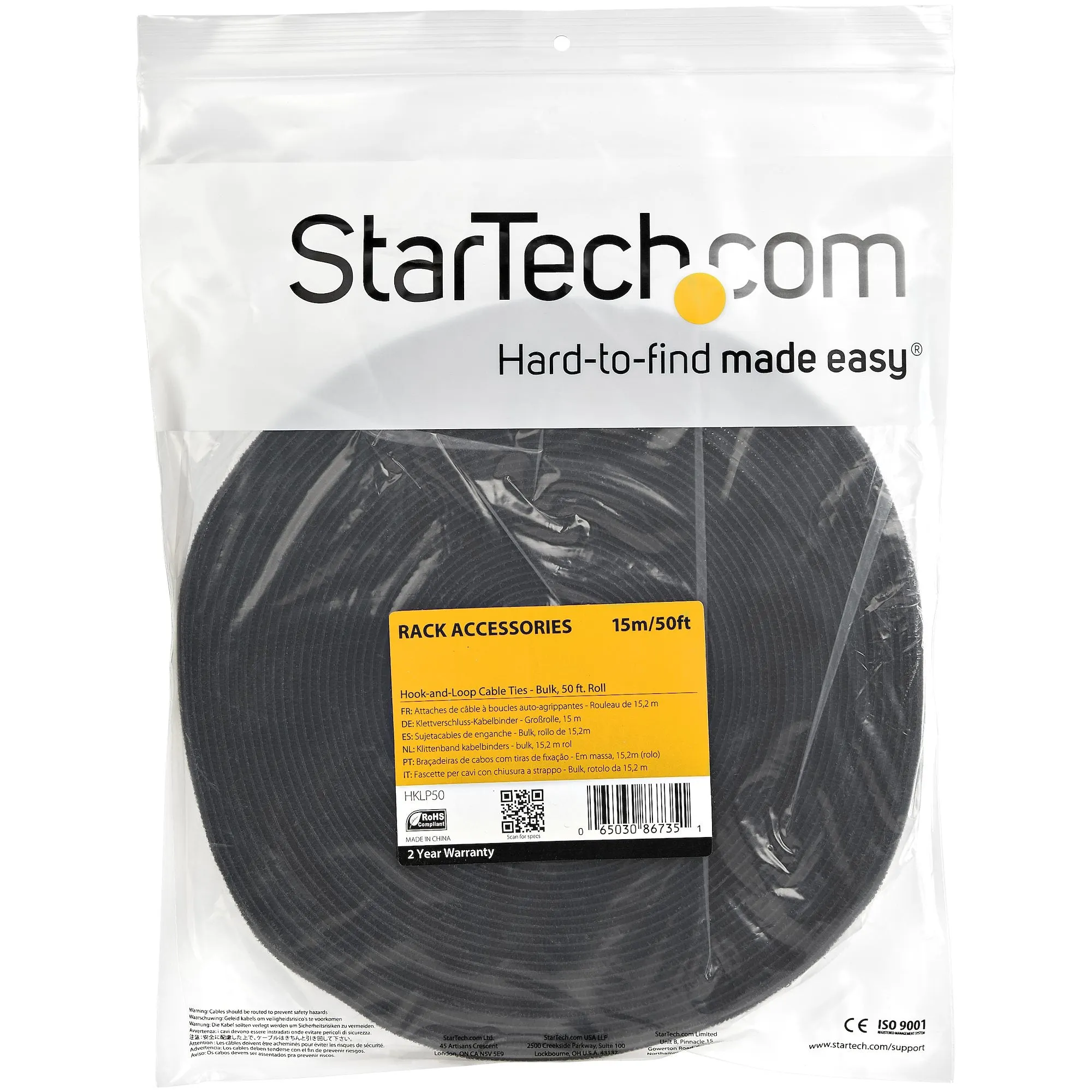 Startech.Com 50Ft. Hook And Loop Roll - Cut-To-Size Reusable Cable Ties - Bulk Industrial Wire Fastener Tape - Adjustabl