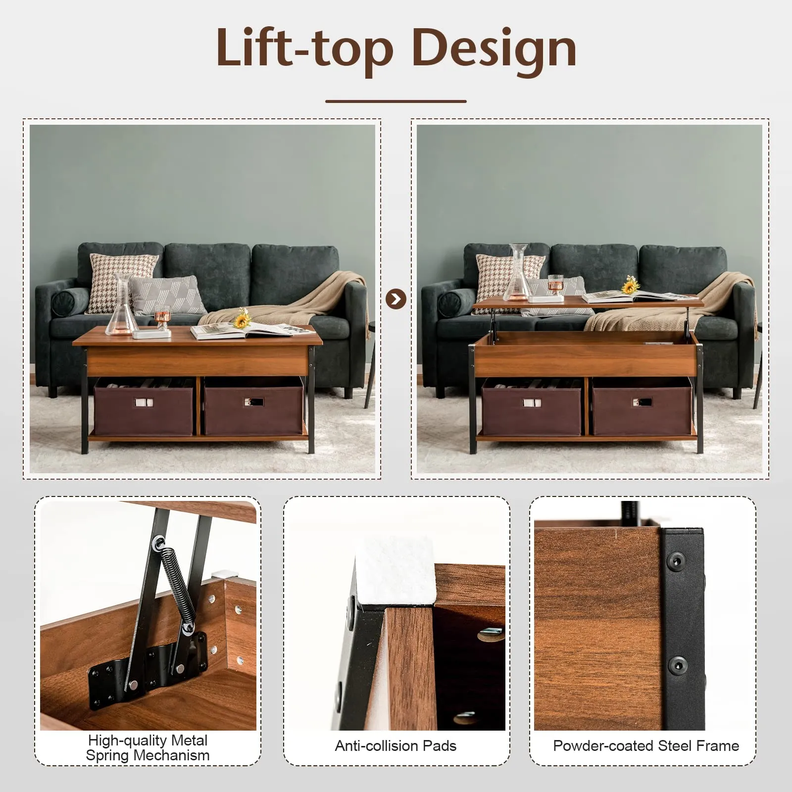 Tangkula Lift Top Coffee Table, Multifunctional Pop-up Central Table with Lifting Tabletop