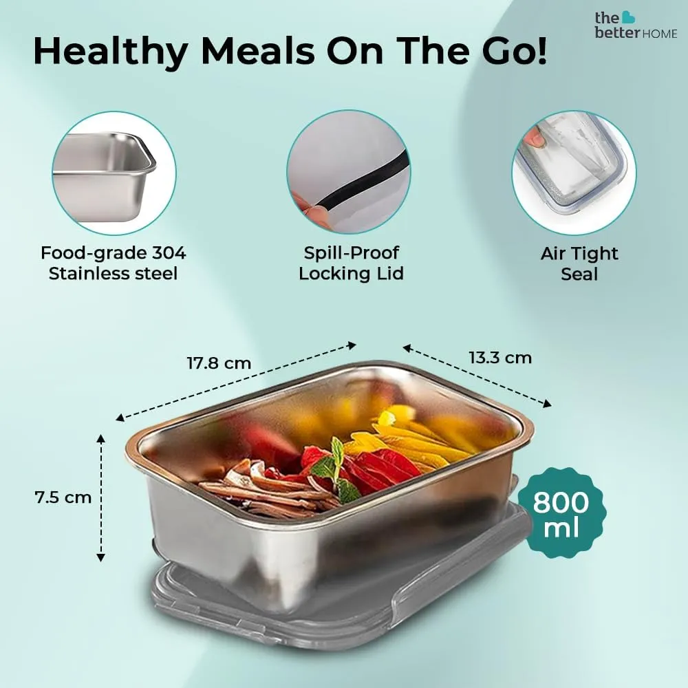 The Better Home 304- Stainless Steel Food Container|Lunch Box |2 pc (800ml Each) Leak-Proof Locking Lids containers| Lunch Box for Kids Office Men Women | Hot & Cold Food |Tiffin Box