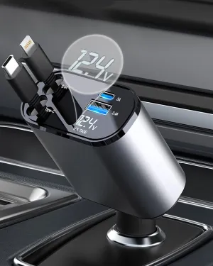 timeless Car Charger 4 in 1 with Dual Retractable Cable Dual Port USB C PD Fast Charging Car Cigarette Lighter Adapter with Voltage Display Compatible with iPhone 14 13 Pro Max, iPad, Samsung