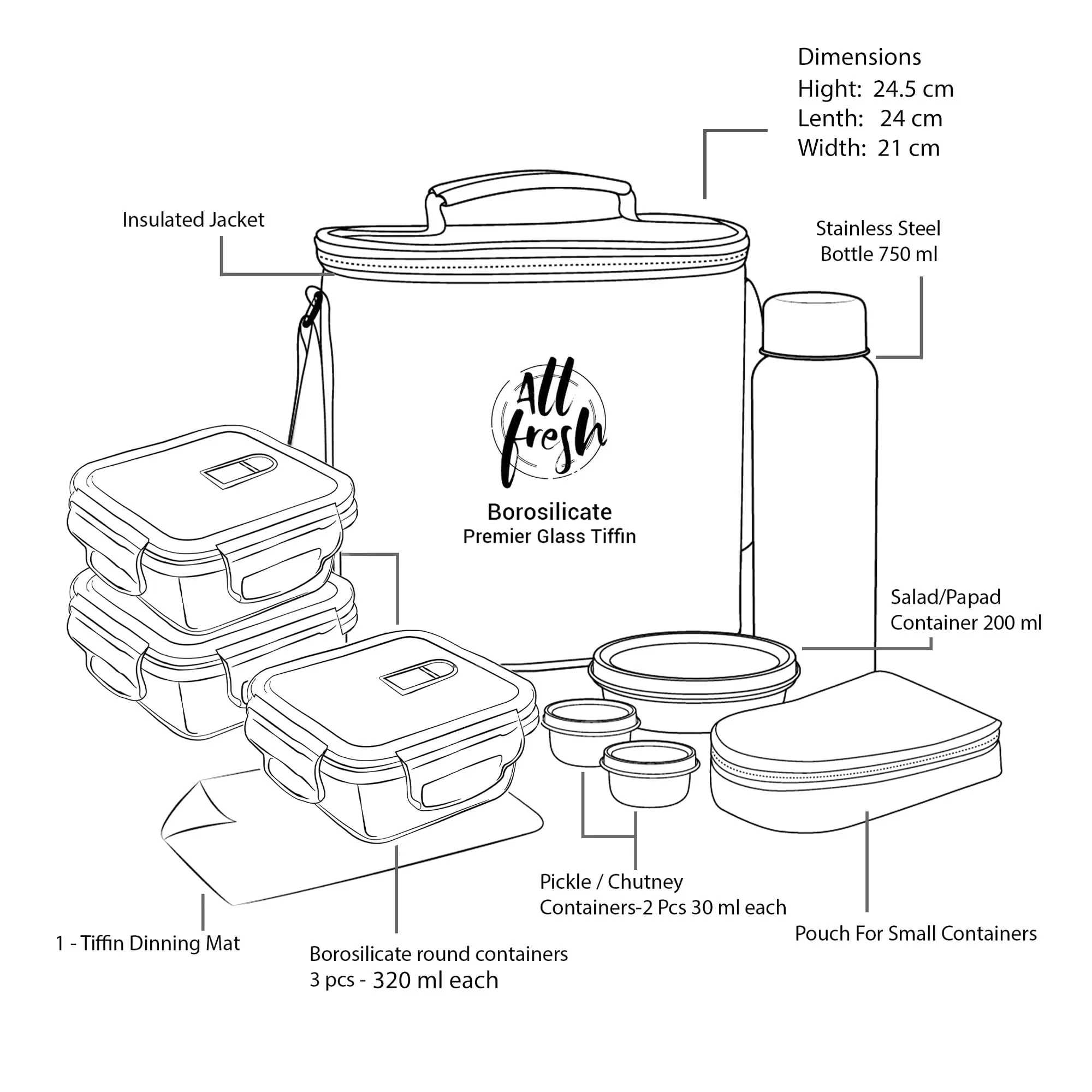 Treo By Milton All Fresh Premier Tiffin Square Set of 8(3 - Containers, 320 ml Each;1 - Steel Bottle, 750 ml;2 - Pickle/Chutney Container,30 ml Each;1 - Salad/Papad Container, 200 ml; 1 - Dining Mat)