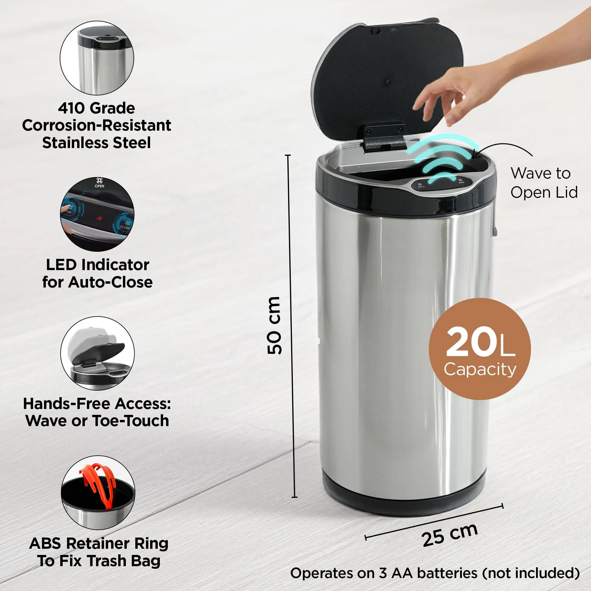 UMAI 20L Round Stainless Steel Automatic Dustbin For Kitchen | Digital Sensor Screen Smart Dustbin | Waste Bin For Office | Dust Bins For Home With Waterproof Sealing- Silver