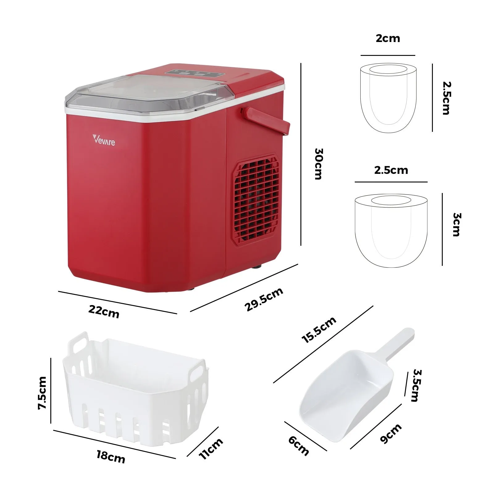 Vevare Portable Ice Maker Machine Ice Cube Tray With Handle 12kg Bar Home Red