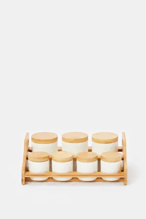 White Geometric Canister Set Wiith Stand (8 Piece)