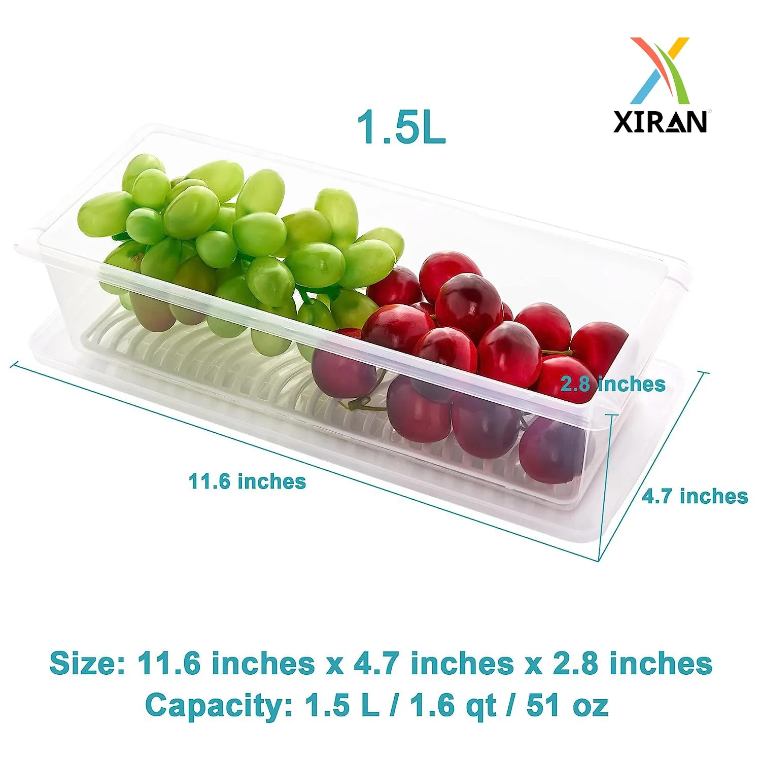 Xiran 6 Fridge Storage Boxes Fridge Organizer with Removable Drain Plate and Lid Stackable Fridge Storage Containers Plastic Freezer Storage Containers for Fish, Meat, Vegetables, Fruits(1500ML)