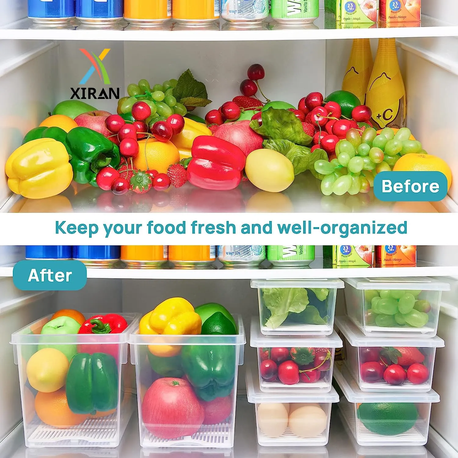 Xiran 6 Fridge Storage Boxes Fridge Organizer with Removable Drain Plate and Lid Stackable Fridge Storage Containers Plastic Freezer Storage Containers for Fish, Meat, Vegetables, Fruits(1500ML)